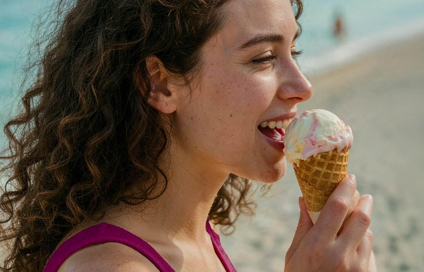 Donna che mangia un gelato in spiaggia