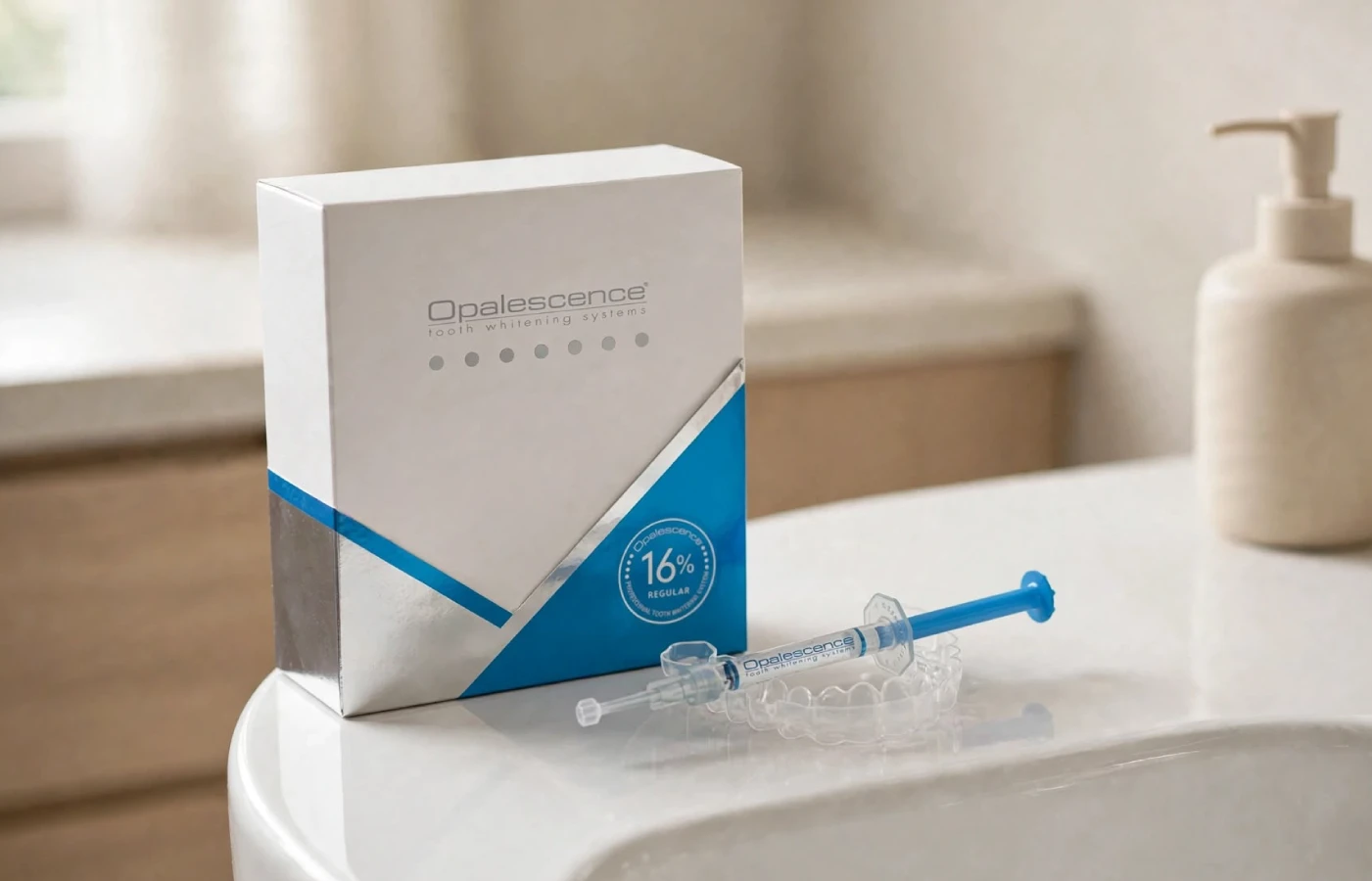 Confezione di un kit sbiancante da casa e siringhe di gel appoggiate su un lavandino
