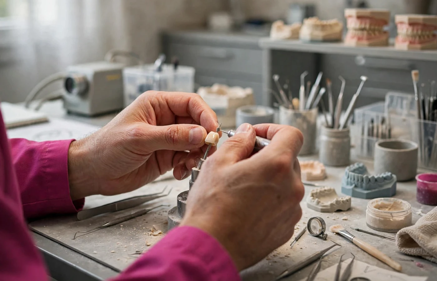 Odontotecnico al banco rifinisce un dente in ceramica, modelli in gesso sullo sfondo