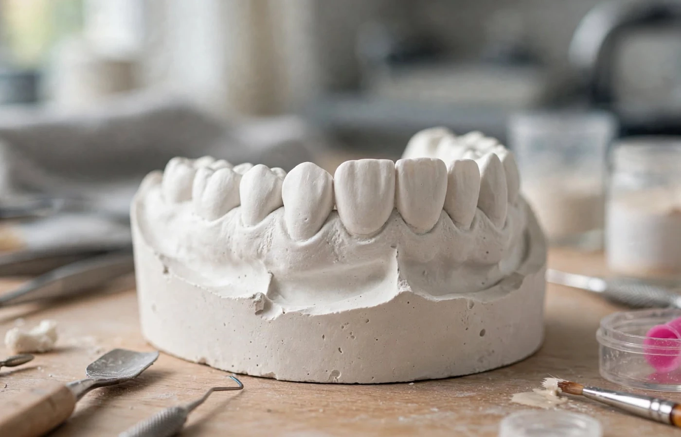 Modello in gesso di un'arcata dentale su un banco da laboratorio