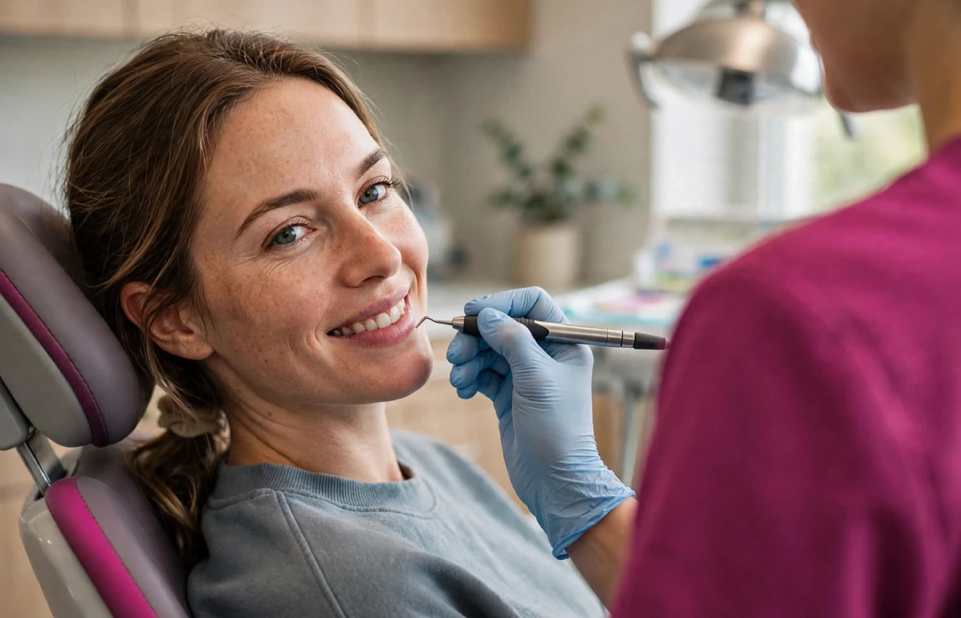 Donna sulla poltrona odontoiatrica sorride mentre un operatore avvicina uno strumento